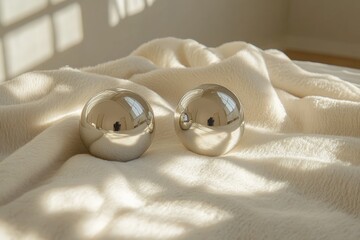 Shiny metallic spheres resting on a soft, textured blanket in a warm, sunlit room