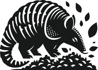 Armadillo sniffing a pile of leaves silhouette