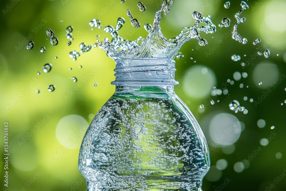 Poster droplets of water splash from an open bottle under natural sunlight in a lush green setting