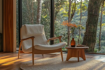 Fototapeta premium Cozy living space with stylish chair and flowers in serene natural setting during golden hour