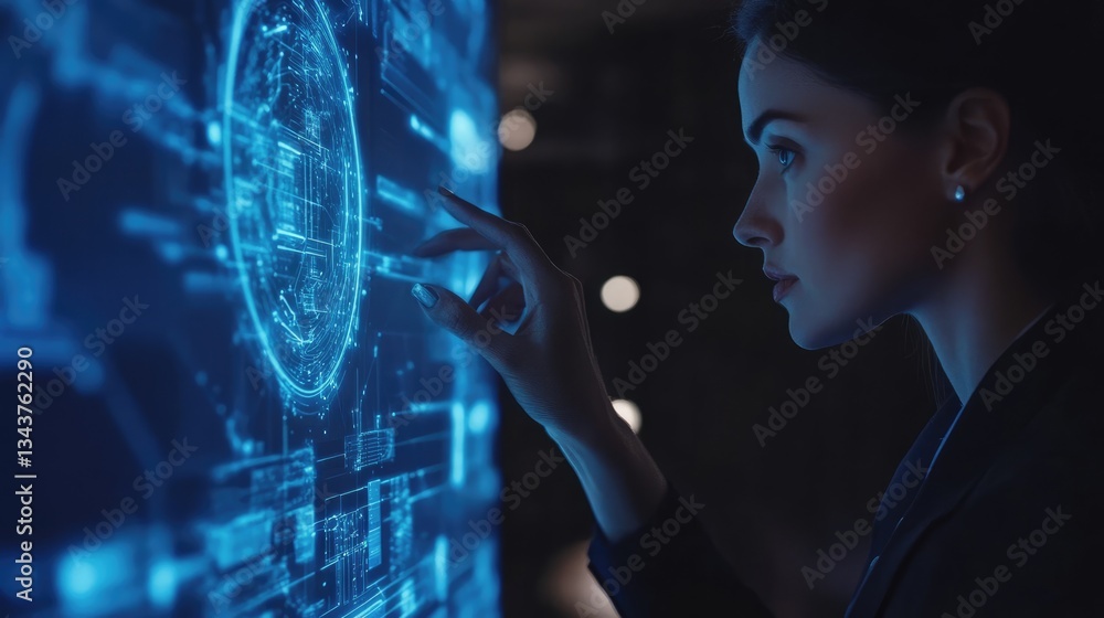 Poster a focused professional interacting with a futuristic holographic interface in a dimly lit, tech-driv