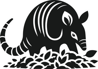 Armadillo sniffing a pile of leaves silhouette