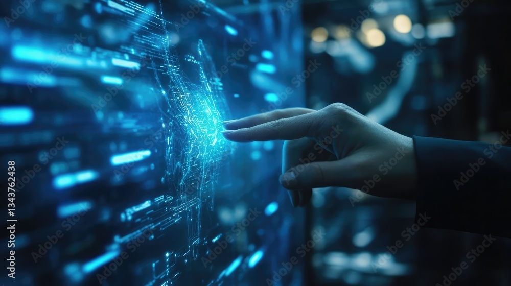 Poster a person interacting with a futuristic digital interface displaying glowing data streams in a tech e