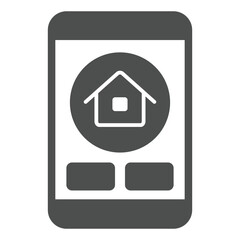 Smartphone with house slide solid icon, housing market concept. Vector graphics. Phone screen with cottage building sign on white background, glyph style icon for mobile or web design.