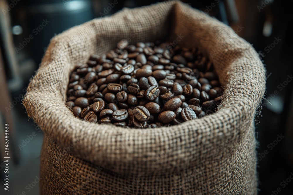 Poster Coffee beans in burlap sack ready for roasting in a rustic setting at a local coffee shop