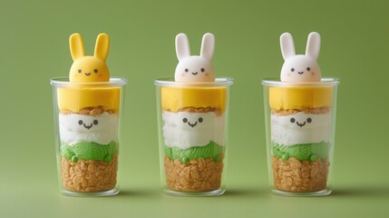 Easter Bunny-Shaped Ice Cream Treats, Cute dessert cups topped with bunny figures and colorful layers.