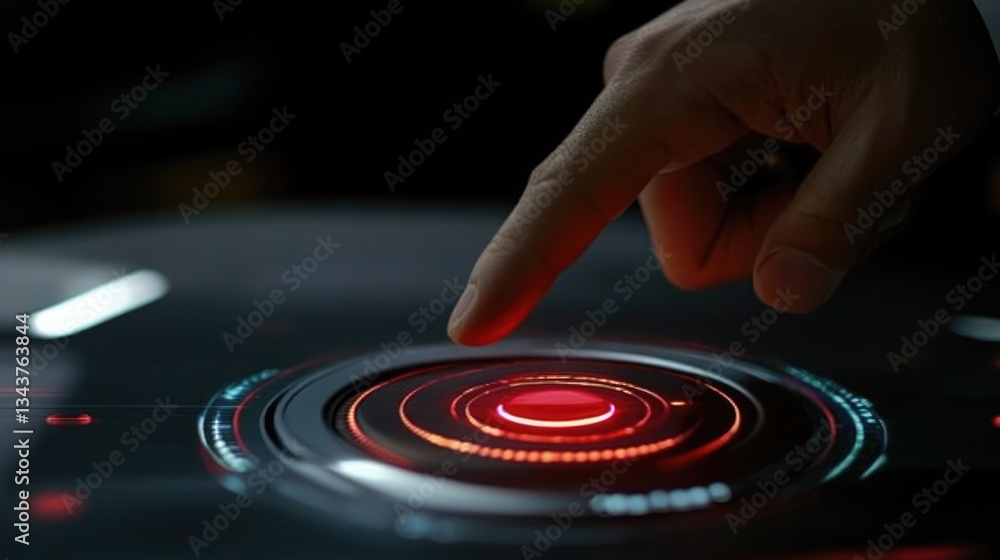 Poster close-up of a hand interacting with a glowing red button on a futuristic interface in a dimly lit en