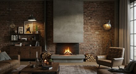 Cozy Fireplace Lounge Area with Brick Wall and Modern Decor