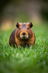 Fototapeta premium there is a small brown and black animal standing in the grass