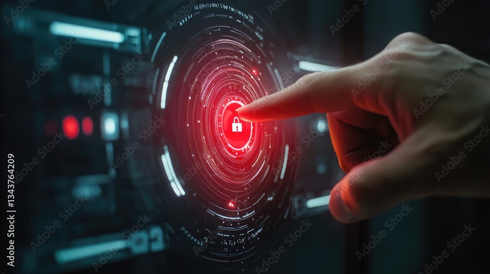Poster a close-up of a hand pressing a digital lock icon on a futuristic interface with glowing elements an