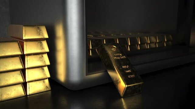 4k Video Fine Gold Bars 1000g Chart Opened Safe. ProRes 4444. 3D Animation.