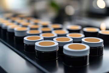 Variety of small jars lined up on a table in a modern workspace featuring different shades of cream