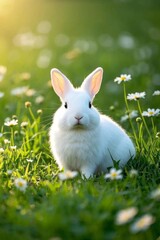 Fototapeta premium there is a white rabbit sitting in the grass with daisies