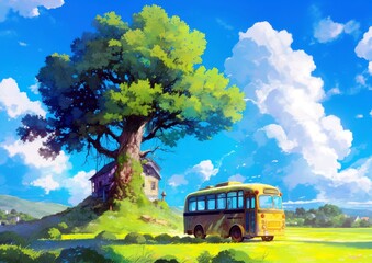 Serene landscape featuring a yellow bus, a large green tree, and a quaint house under a bright blue sky with fluffy clouds and vibrant greenery