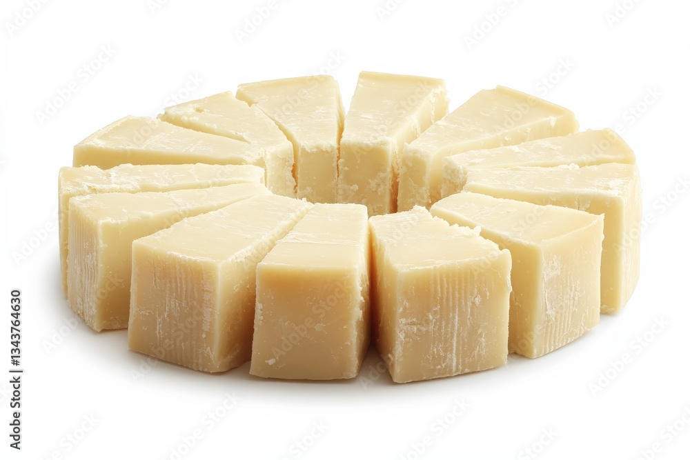 Poster Cheese arranged in a circular pattern on a white background for culinary presentation