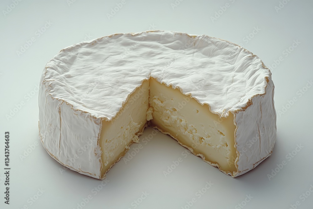 Poster Creamy round cheese with a slice removed showcasing texture and color