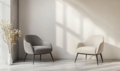 Fototapeta premium Modern beige and gray armchairs in bright room, sunlit corner. Possible use Interior design, home decor