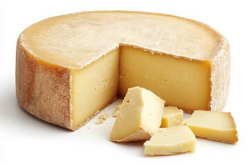 Cheese wheel cut open to reveal creamy interior and chunks for tasting at a culinary display