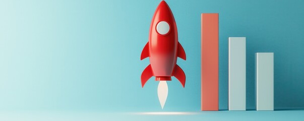 Red Rocket Launching Past Growing Bar Graph Business Growth Startup Success Concept