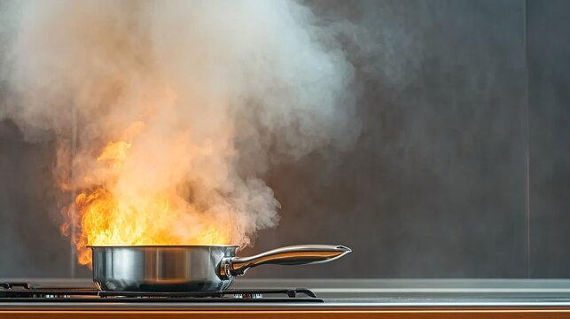 Hazardous Reality: Kitchen Fire Danger with Unattended Stove Pan in Thick Smoke