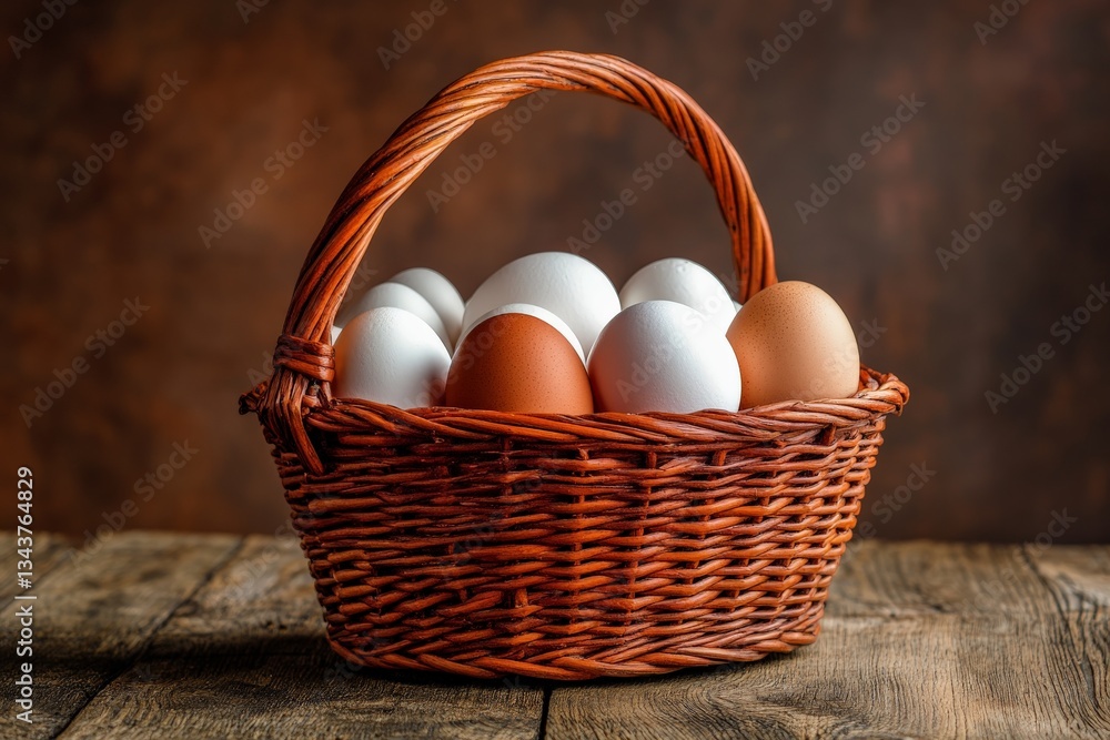 Poster fresh eggs stored in a rustic woven basket set on a wooden table