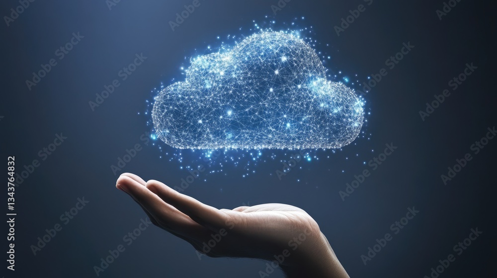Poster hand holding a glowing digital cloud symbolizing data storage and technology in a dark background