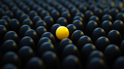 Fototapeta premium Unique Yellow Sphere Among Many Dark Spheres Abstract Concept of Standing Out Difference and