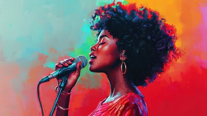 Vibrant Abstract Portrait of a Black Woman Singer with Afro Holding Microphone