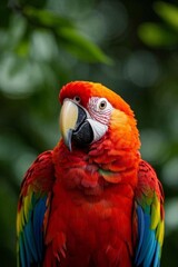 brightly colored parrot sitting on a branch with green leaves in the background