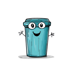 A cheerful cartoon trash can character features big eyes and a smiling mouth, showcasing a friendly personality against a clear backdrop.