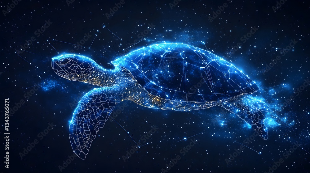 Poster a digital art piece depicting a sea turtle in space, surrounded by stars and nebulae. the turtle con