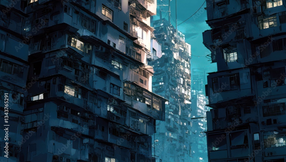 Poster urban nightscape of skyscrapers surrounded by apartment blocks displaying contrast of light and shad