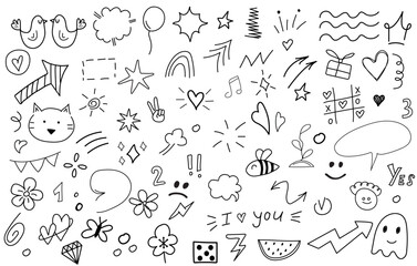 Doodle hand drawn elements. Big set. Line art. Crowns, hearts, stars, flowers, sparkles, arrows, lightnings, smiley, signs and other funny design elements іsolated on white background.