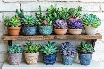Fototapeta premium Display of assorted succulent plants arranged on a wooden shelf against a white brick wall
