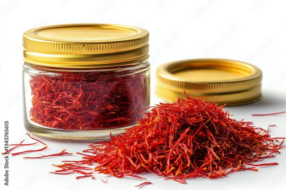 Aufkleber Saffron strands displayed in a clear jar beside loose saffron, emphasizing its vibrant color and aromatic properties