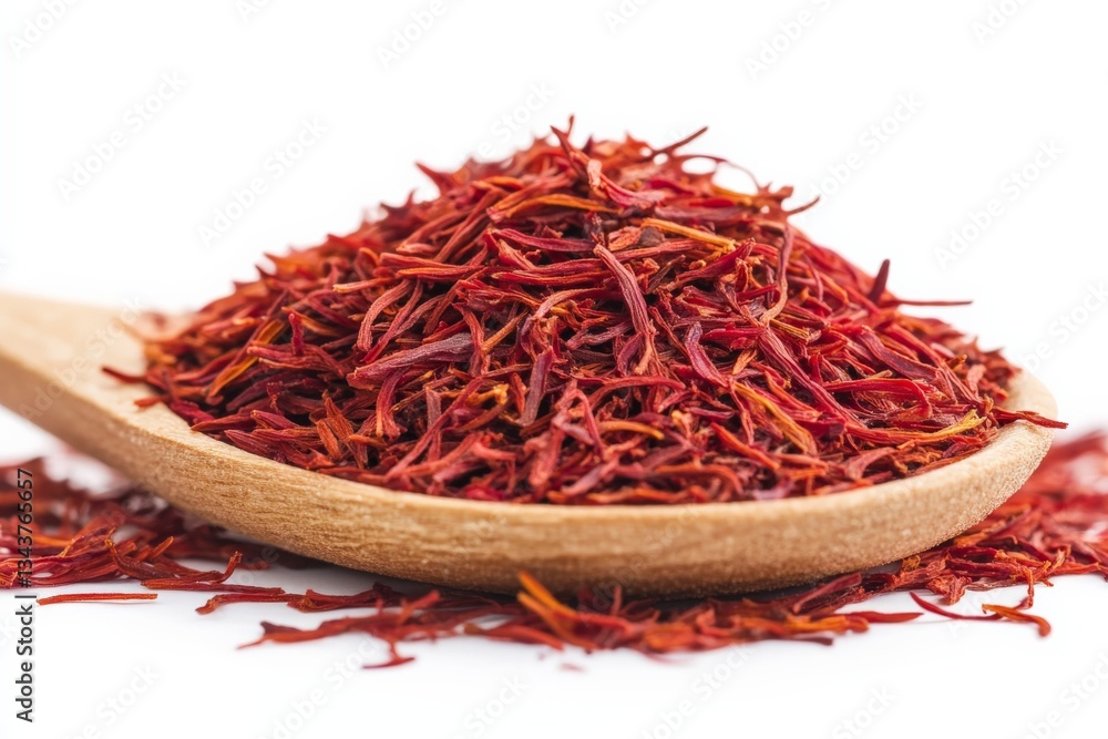 Poster High-quality saffron strands displayed in a wooden spoon on a white background for culinary and medicinal use