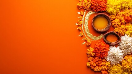 Vibrant Diwali arrangement with earthen lamps and marigold blossoms on orange