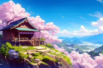 Tranquil Japanese House Amidst Cherry Blossom Trees with Majestic Mountain View Under Clear Blue Sky, Ideal for Peaceful Nature Settings