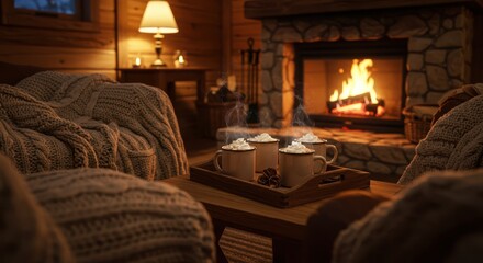 Cozy Fireplace Scene with Hot Drinks and Warm Knit Blankets