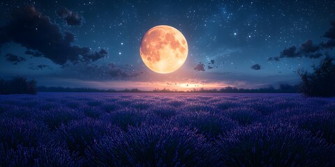Serene Lavender Field Under A Bright Full Moon at Night Sky
