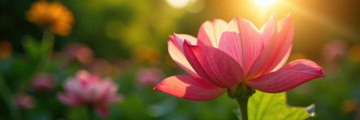 Fototapeta premium Delicate flower petals unfurl slowly in sunlight, leafy, garden