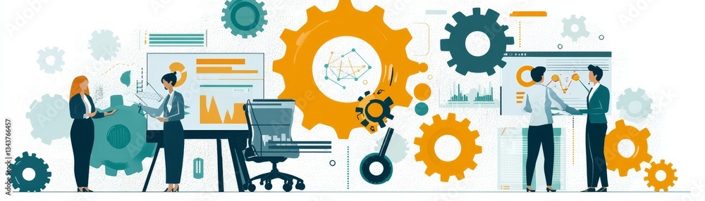 Poster business team discussion with gears and data visualizations modern office setting flat design illust