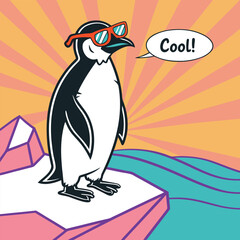 Cute Pop Art Penguin Wearing Sunglasses and a Comic-Style Speech Bubble