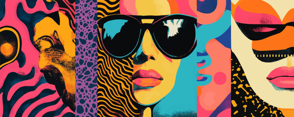 Colorful abstract pop art portraits of women with bold sunglasse