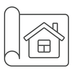 House on paper plan thin line icon, architecture project concept. Vector graphics. Cottage building construction sign on white background, outline style icon for mobile or web design.