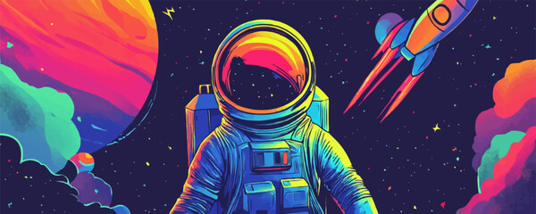 Colorful space exploration art featuring astronaut and rocket