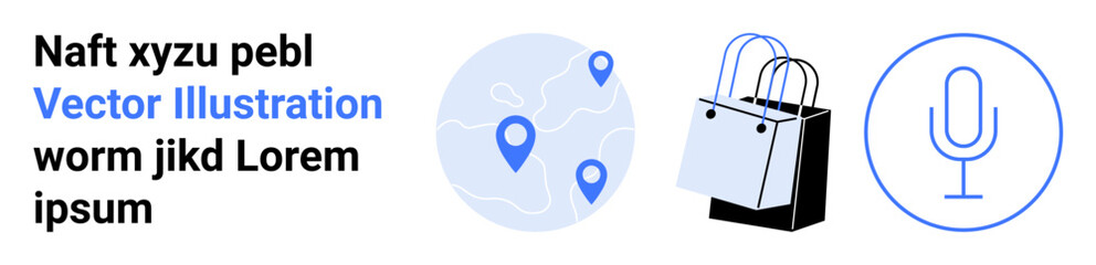 Shopping bags, circular map with location pins, and microphone. Ideal for e-commerce, navigation, shopping, communication, branding, advertising podcasting flat landing page banner