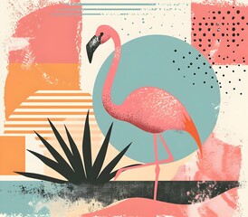 Modern style poster with flamingo , The animal is set against a background of abstract forms and pastel 