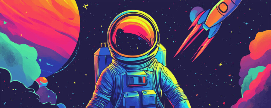 Colorful space exploration art featuring astronaut and rocket