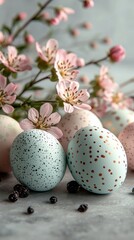 Fototapeta premium Pastel Colored Easter Eggs and Spring Flowers Arrangement on Soft Background